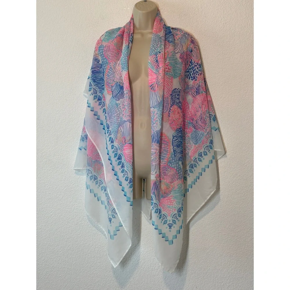 Lilly Pulitzer Murfee Scarf Pink Blue Seashell Print Tropical Resort Wrap